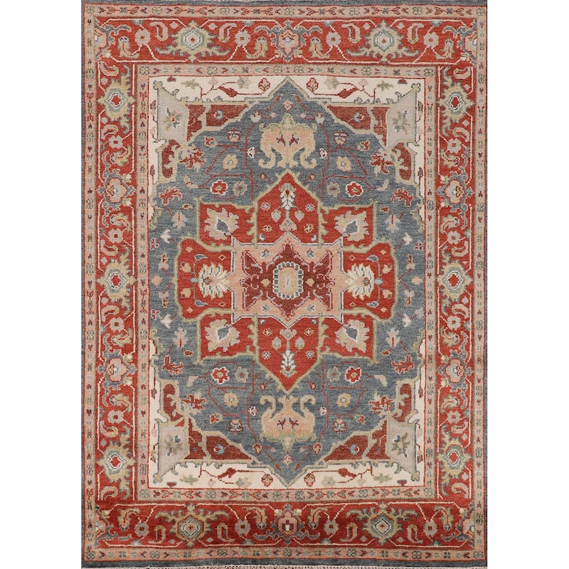 Blue & Orange Heriz Serapi Indian Area Rug Hand-Knotted Wool Carpet - 7'11"x 9'10"