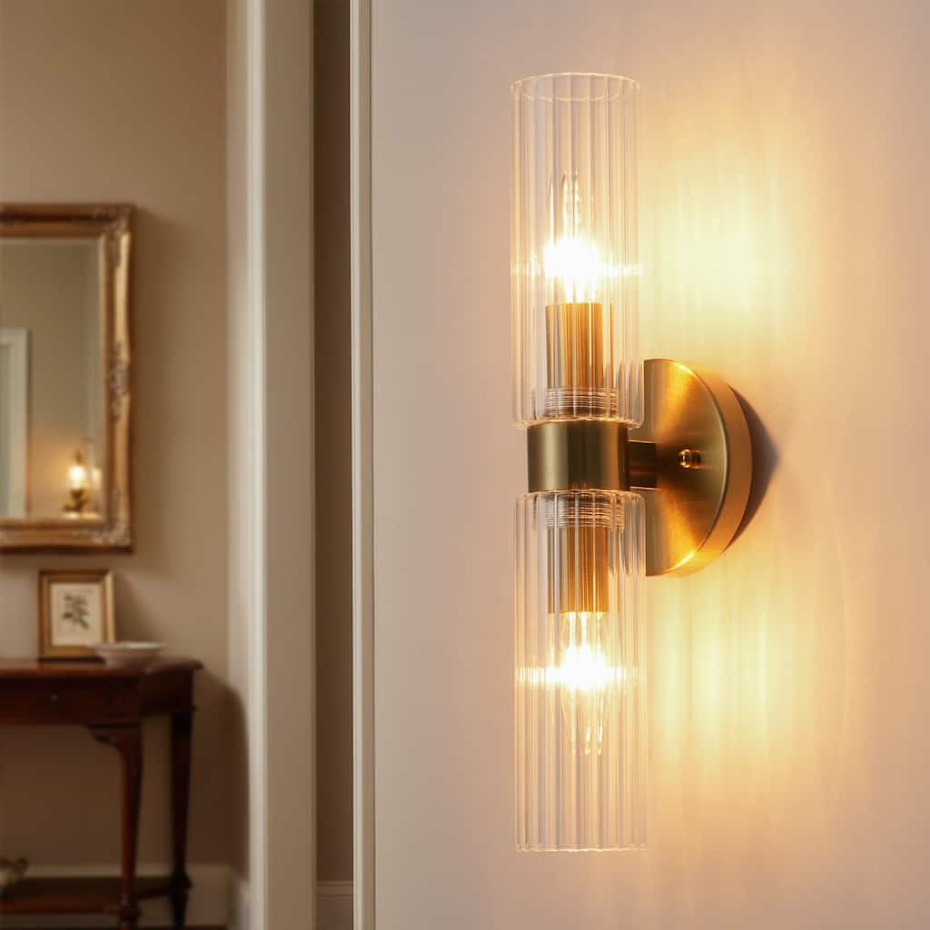 2-Light Modern Luxury Ribbed Glass Tube Gold Wall Sconce for Bedroom - 4.7 in. W x 4.3 in. D x 16 in. H