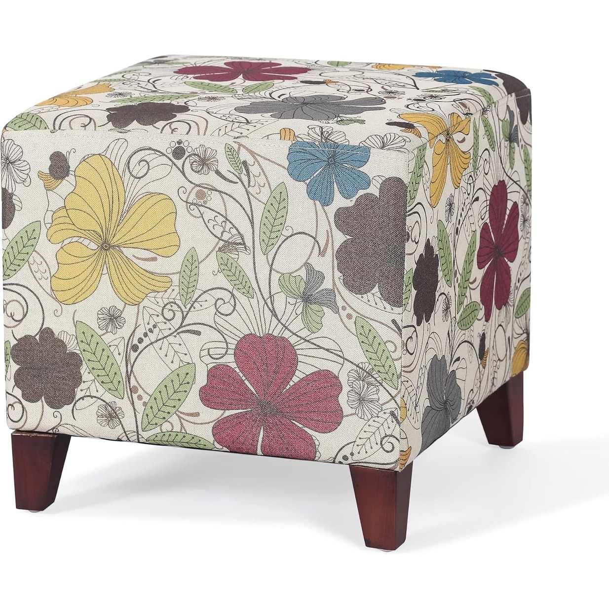16.3'' Square Foot Stool with Wood Legs, Linen Fabric Rest Seat for Living Room Bedroom (Colorful Print)