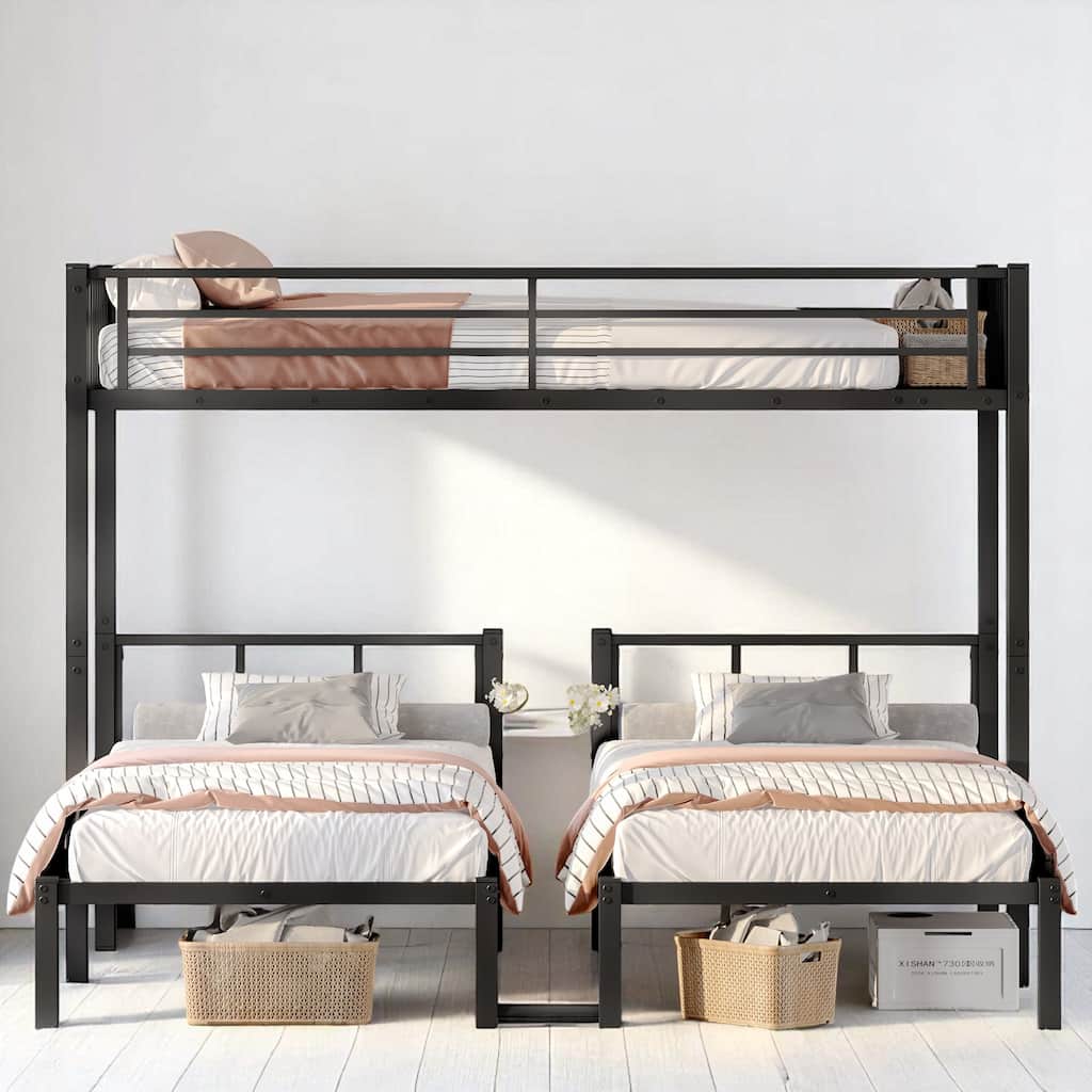 Triple Bunk Bed,Metal Twin Over Twin & Twin Beds with Ladder, Guardrails, Shelf & Table, Convertible L-Shaped Design