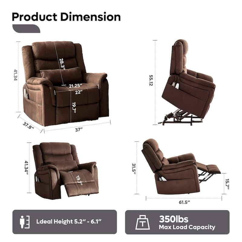 Bestier 37" Power Lift Recliner Chair With Massage and Heating, Electric Lift Recliner Single Sofa with Side Pockets for Elderly