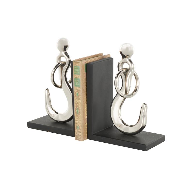 Silver Aluminum Metal Hook Decorative Bookends with Black Bases (Set of 2)