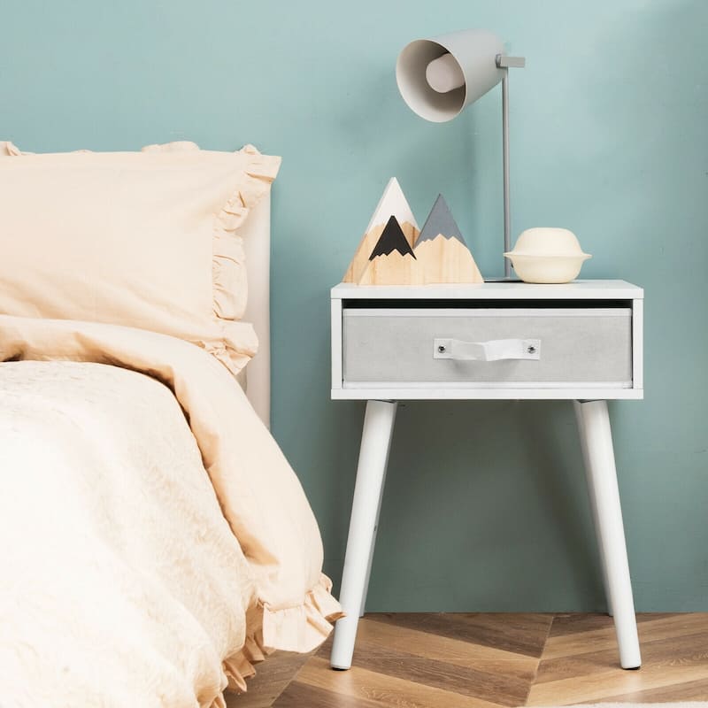 Mid-Century Nightstand with Storage and Pine Wood Legs - 16" x 16" x 19.5" - White