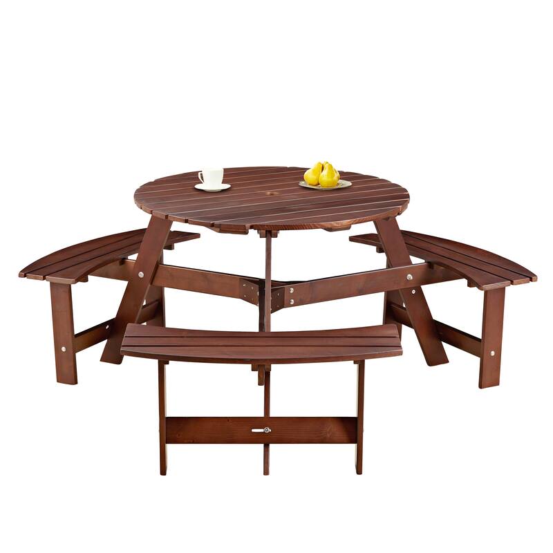 6-Person Outdoor Patio Wooden Round Picnic Table with 3 Built-in Benches and Umbrella Hole