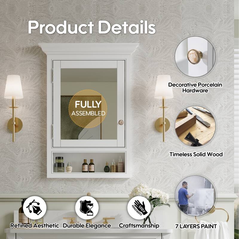24"W x 32"H Recessed Wall-Mounted Solid Wood Medicine Cabinet with Adjustable Glass Shelves and Bottom Storage Shelf