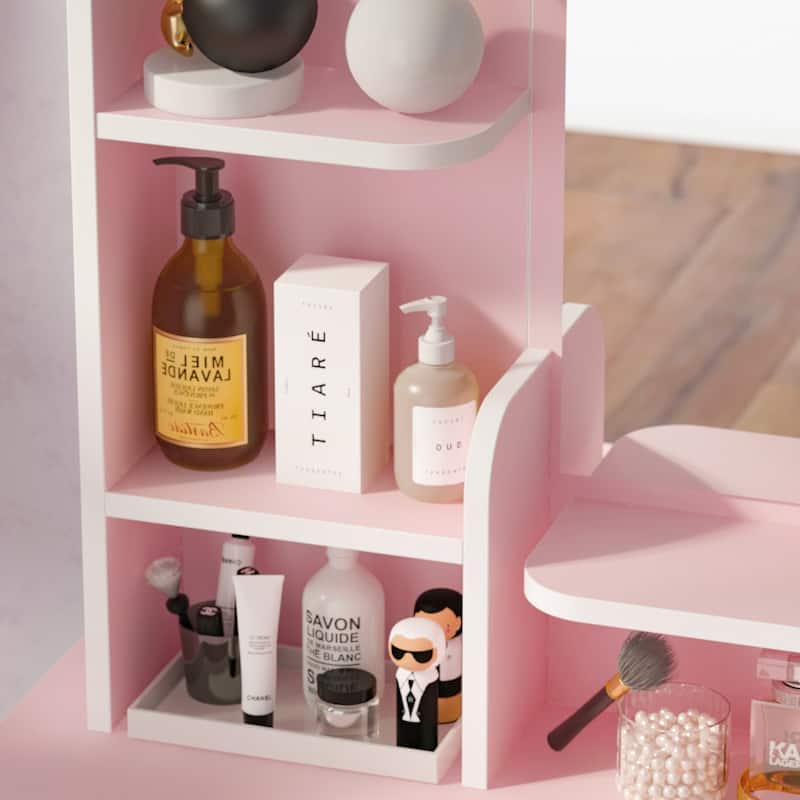 Makeup Vanity Table Set With Mirror Mirror Desk & Drawer(PINK/BLACK)