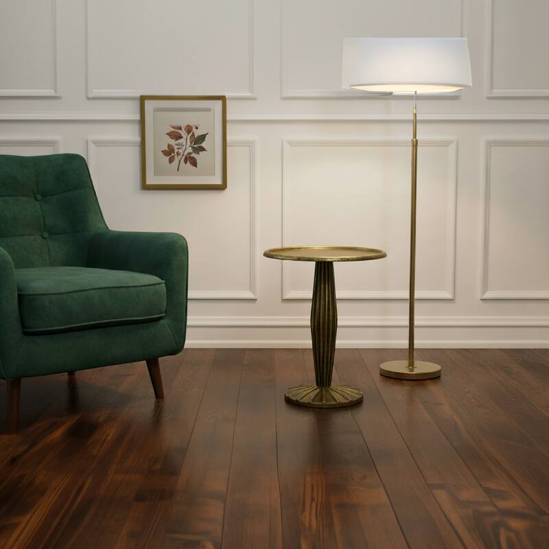 17 Inch Side End Drink Table, Fancy Fluted Base, Round Top Antique Brass