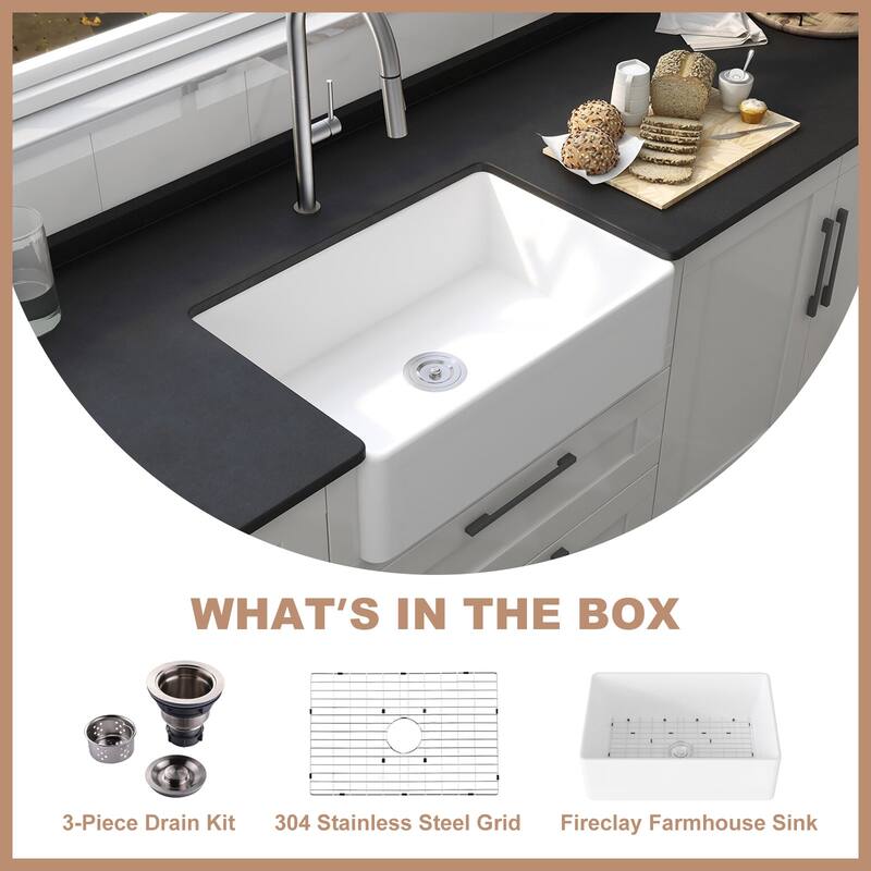HOROW White Fireclay 30 in. x 20 in. Single Bowl Farmhouse Apron Front Kitchen Sink with Bottom Grid and Strainer - 30x20 Inch