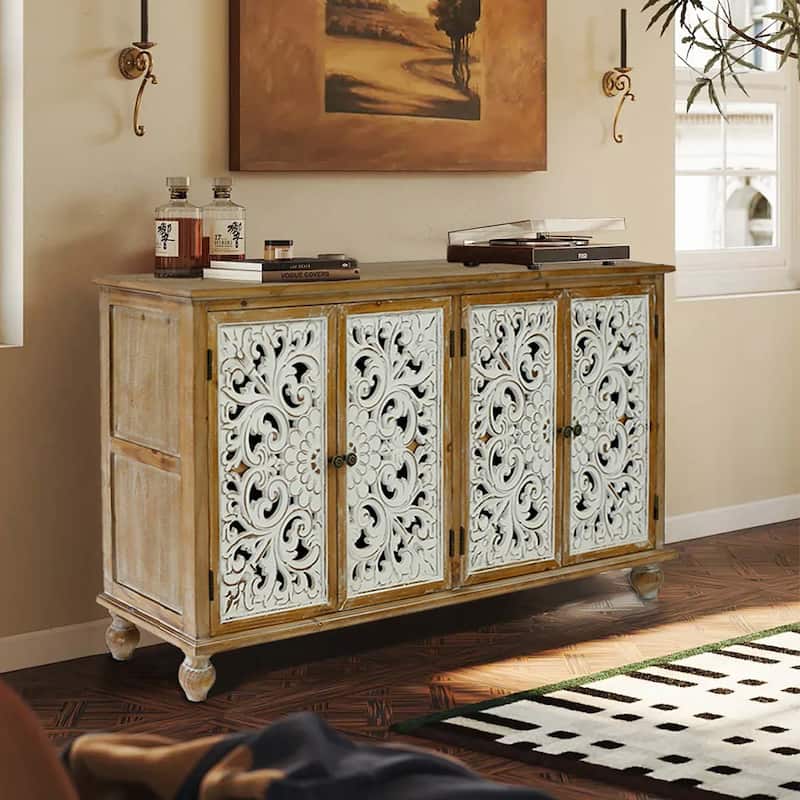 4 Door Farmhouse Accent Cabinet with Wood Carved Floral Storage for Living Room Dining Room Kitchen