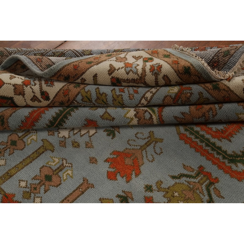 Light Blue Geometric Oushak Indian Area Rug Hand-Knotted Wool Carpet - 9'0"x 11'9"