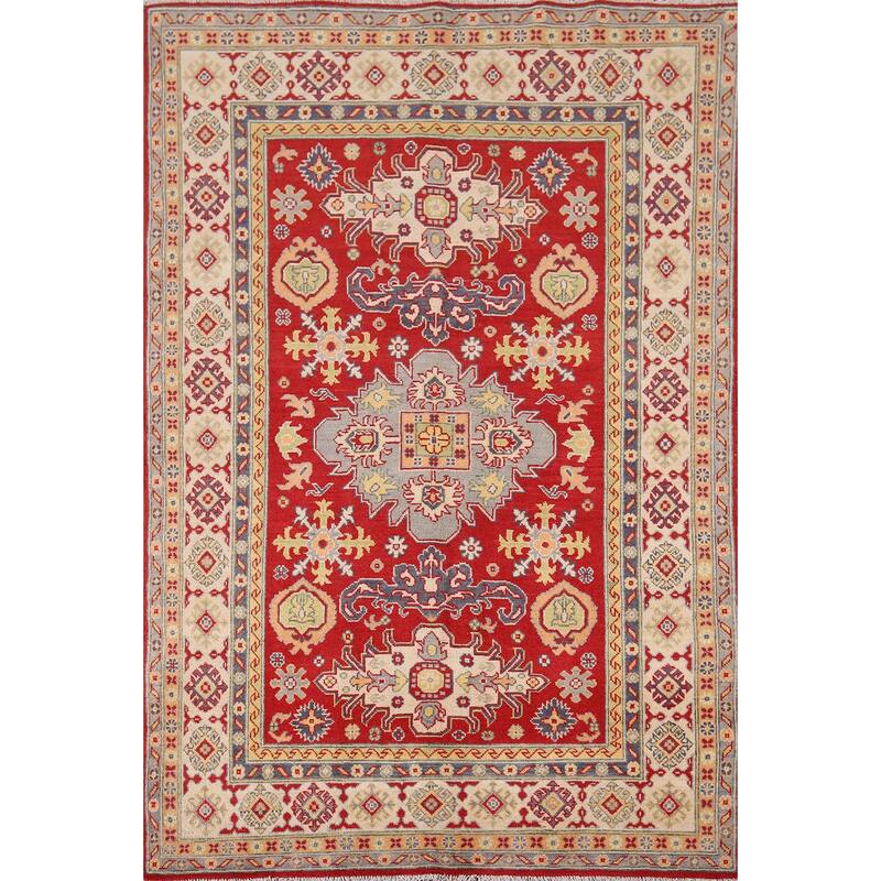 Red Geometric Kazak Area Rug Handmade Traditional Oriental Wool Carpet - 4'10" x 6'8"