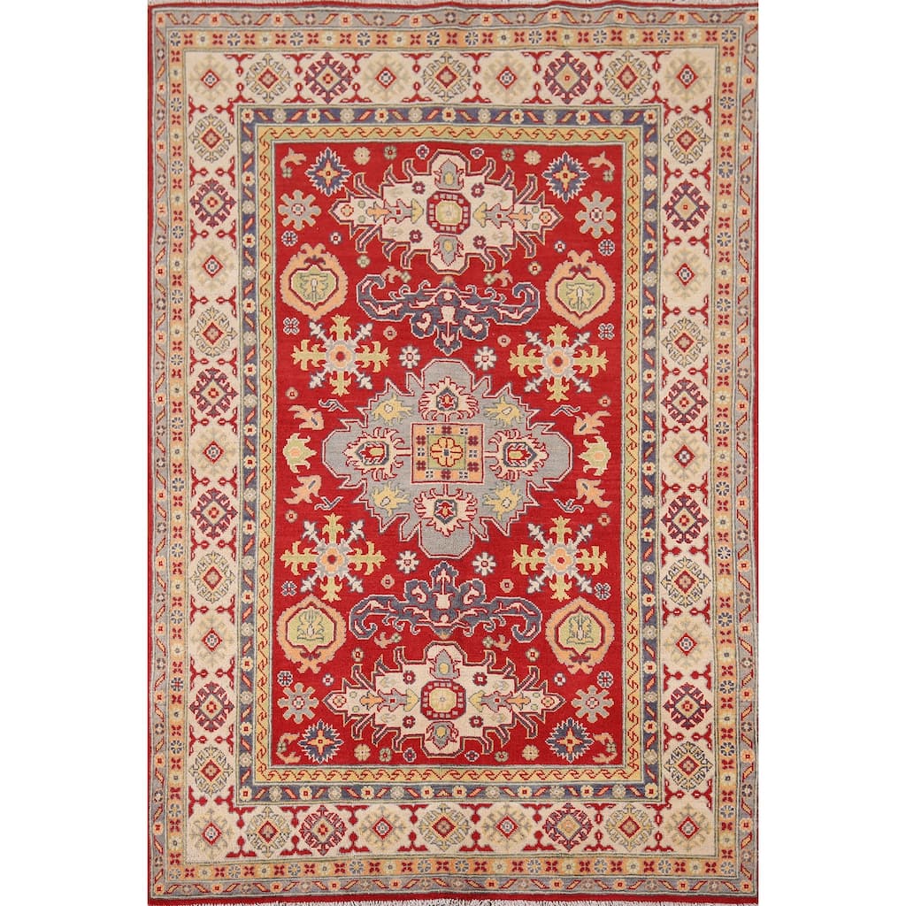 Red Geometric Kazak Area Rug Handmade Traditional Oriental Wool Carpet - 4'10" x 6'8"