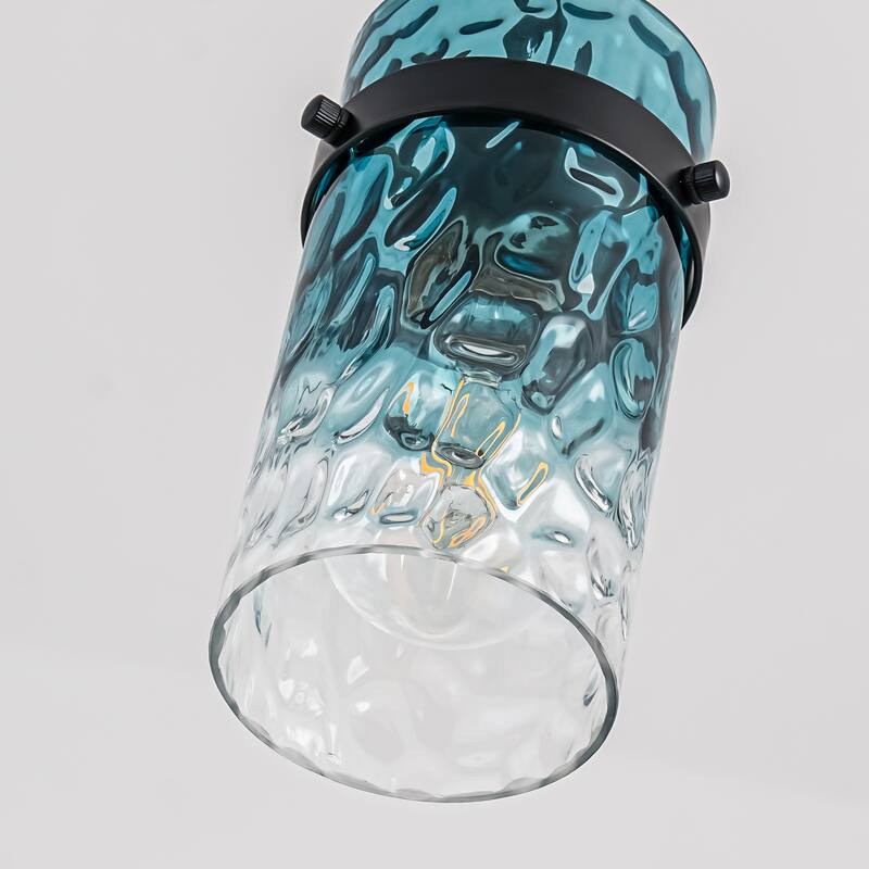 1/3-Light Coastal Matte Black Adjustable Pendant Light with Gradient Blue Hammered Cylinder Glass for Kitchen Island