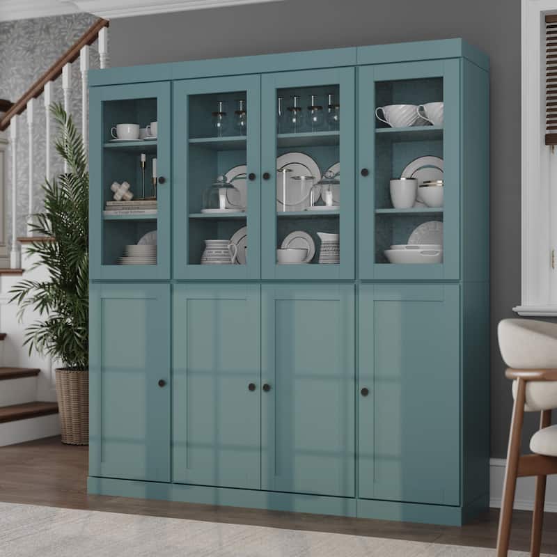 Palace Imports 100% Solid Wood 65" Pantry Cabinet with Clear Glass, Shaker Doors and Adjustable Shelves - Aqua Blue