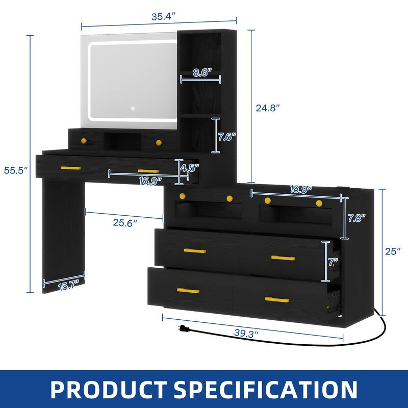 Moasis 65" Makeup Vanity Desk with 10 Drawers, RGB LED Mirror and Charging Station