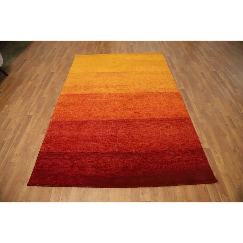 Hand Knotted Oriental 100% Wool Carpet Modern Stripe Oranges & Rust Gabbeh Area Rug - 8' 1'' X 5' 5''