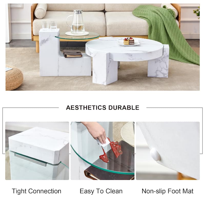 Double-Layer Round Coffee Table, Transparent Glass Top with L-Shaped Legs, Detachable Design Modern Center Table