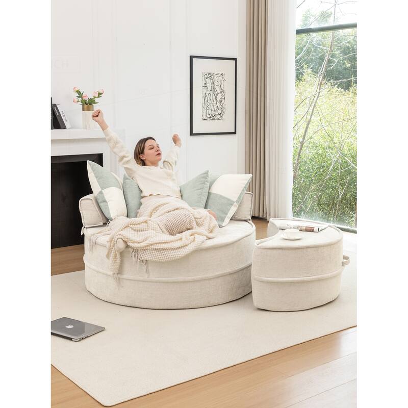Comfortable Oversized Velvet Armchair with Ottoman and Multiple Pillows for Various Rooms - Beige
