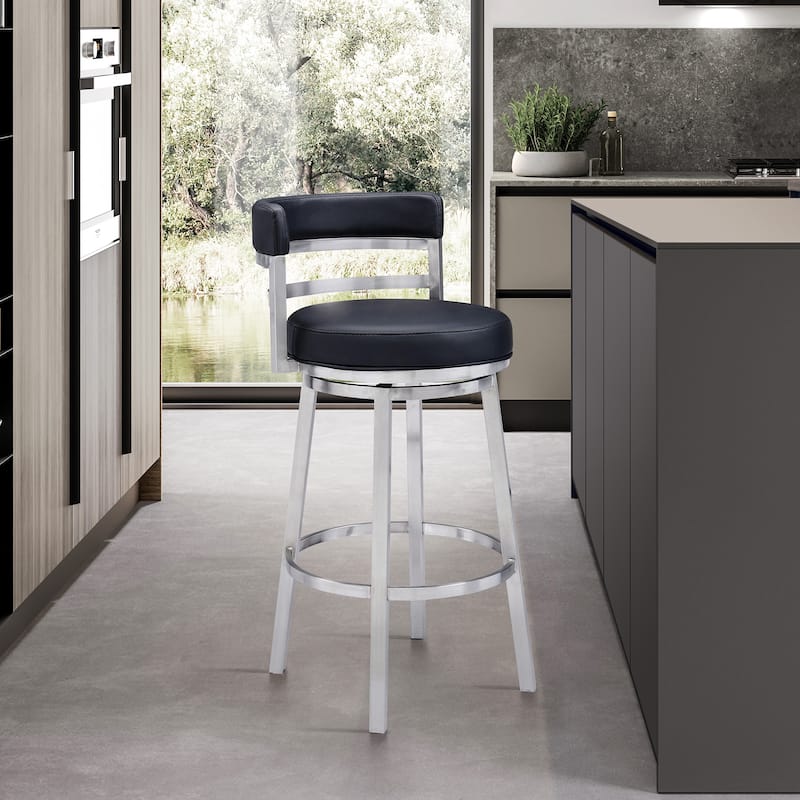 Titana Faux Leather Upholstered Swivel Bar/Counter Stool in Brushed Stainless Steel - Black - Bar Height