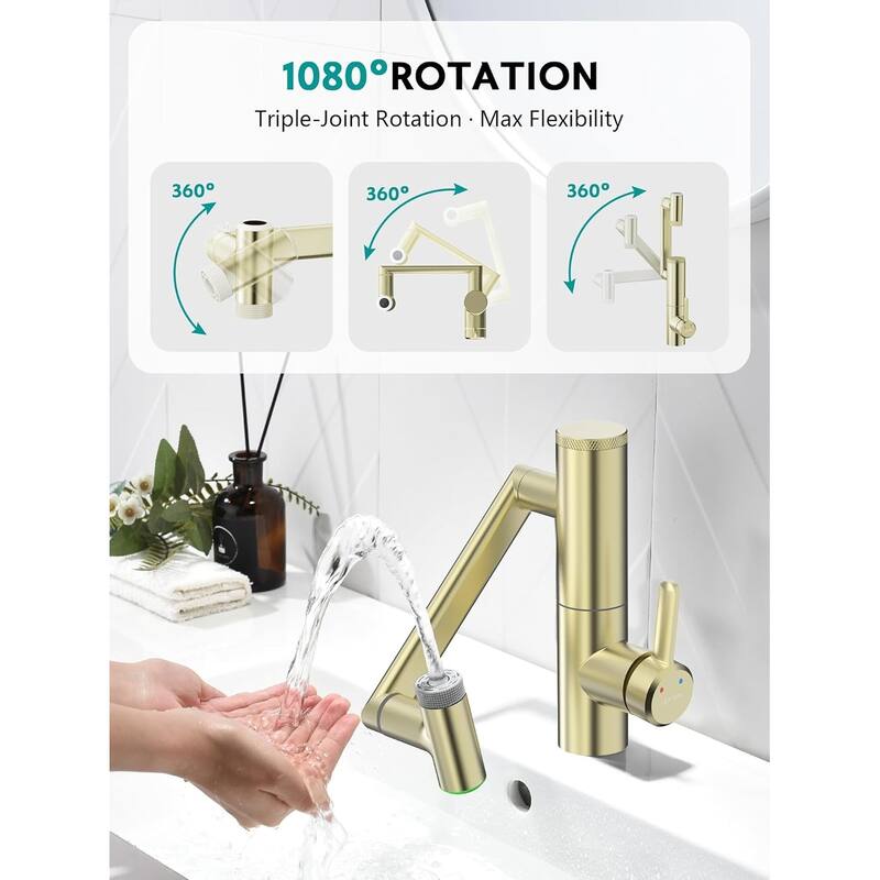 Lefton Rotatable Single Hole Bathroom Sink Faucet with Built-in Filter, Temperature Display in Fahrenheit, 2 Water Modes