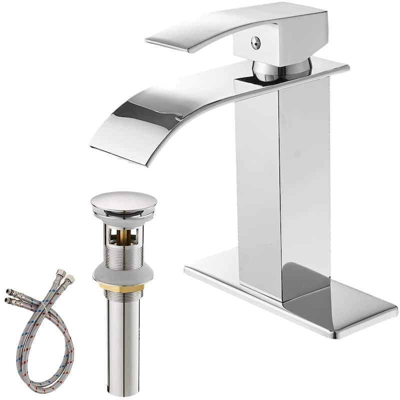 Waterfall Bathroom Faucet With Drain Assembly Single Handle Bathroom Sink Faucets 1 Hole Vanity Basin Modern Tap With Deck Plate - Chrome