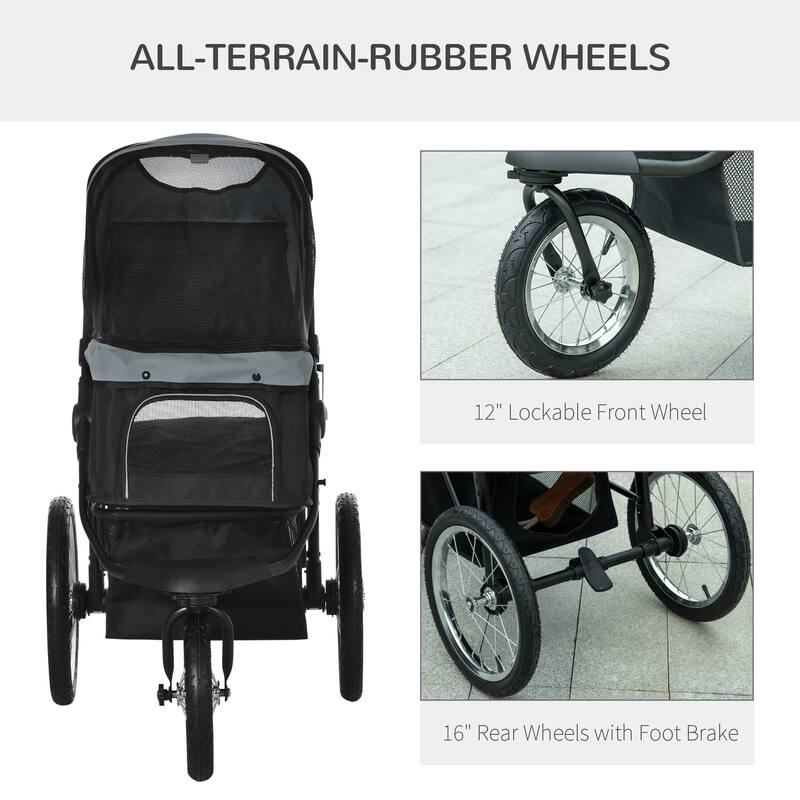 PawHut Pet Stroller for Small and Medium Dogs, 3 Big Wheels Foldable Cat Stroller with Adjustable Canopy