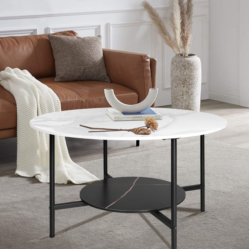 2 Tiers Heavy Duty Sintered Stone Round Coffee Table - W 32" x D 19"