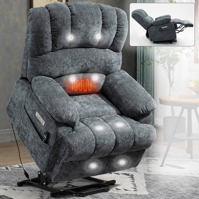 Roomfitters Oversized Power Lift Recliner Chair, Electric Massage Sofa with Heat, Large Chenille Stand Up Armchair, Blue Grey