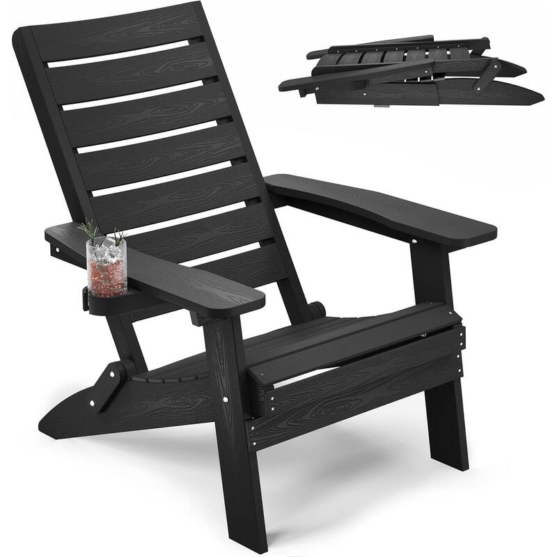WINSOON HIPS Folding Adirondack Chairs with Arc Back & Cup Holder - Black