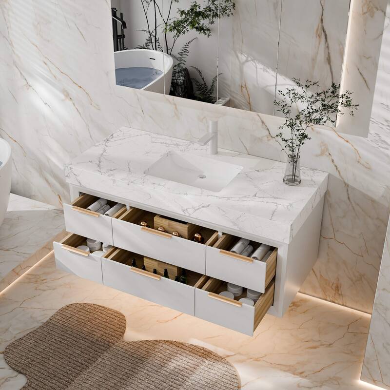 Modland 48" Modern Floating Bathroom Vanity with Single Sink, Soft-Close Drawers, White Stone Countertop