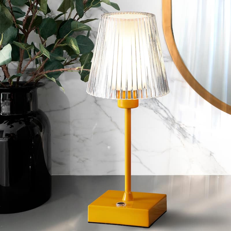 Lina 12.5" Modern Industrial Rechargeable/Cordless Iron/Acrylic Integrated LED Table Lamp with Ribbed Shade, by JONATHAN Y