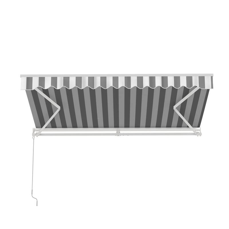 ALEKO Caribbean Manual Retractable Patio Awning - White Frame - Seagull Gray & White Striped - 13 x 10 Feet