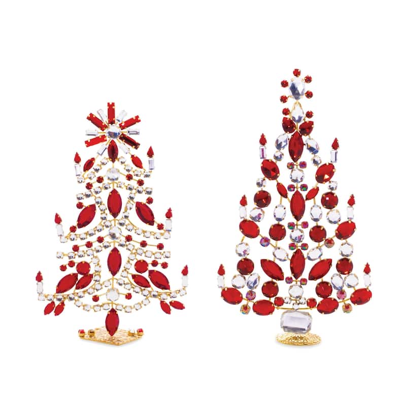 Jeweled Metal Christmas Tree Decoration - 8" - Red and Clear - Set of 2
