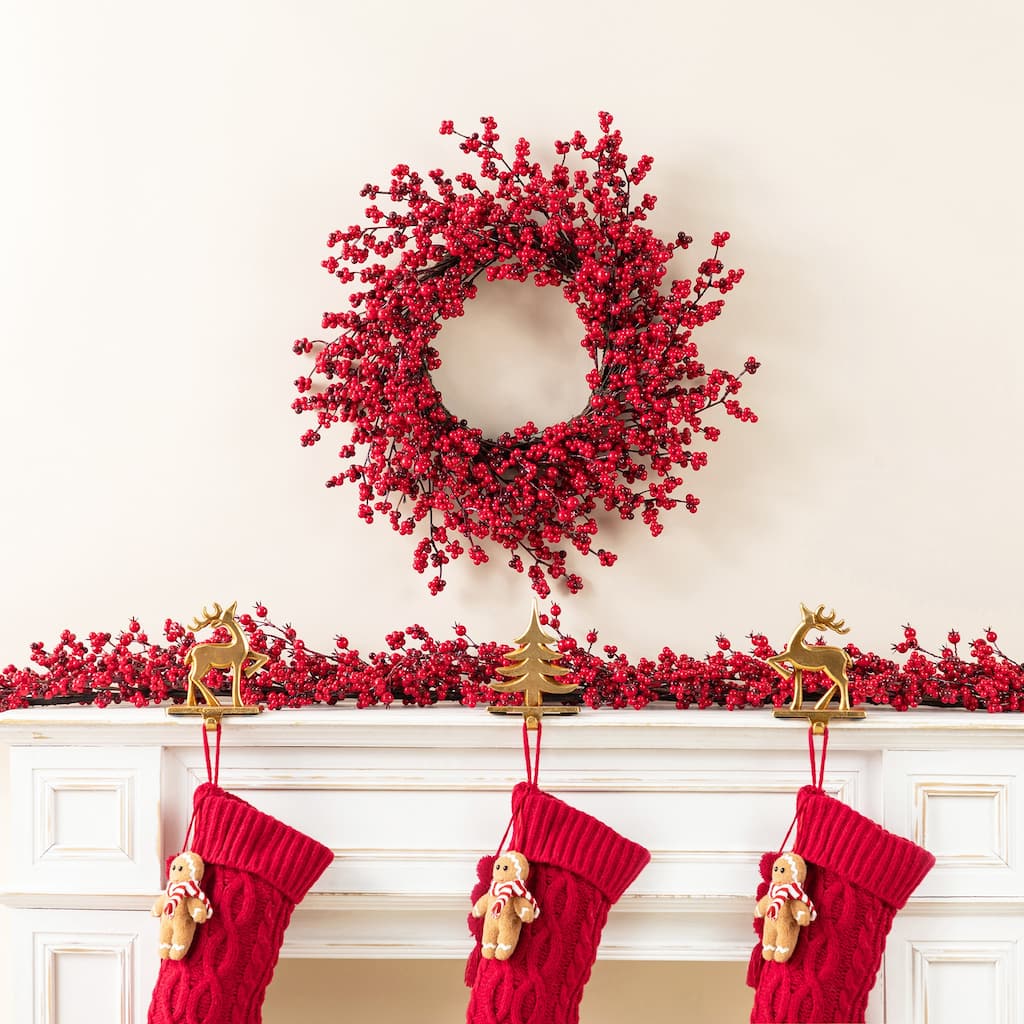 Glitzhome Christmas Red Berries 14"D/ 25"D Wreath & 6ft Garland
