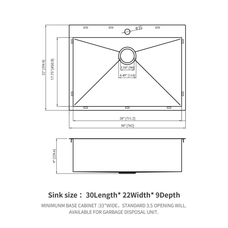 30'' Drop-in Single Bowl 16 Gauge Stainless Steel Kitchen Sink in Gunmetal Black - 33'' x 22'' x 9''