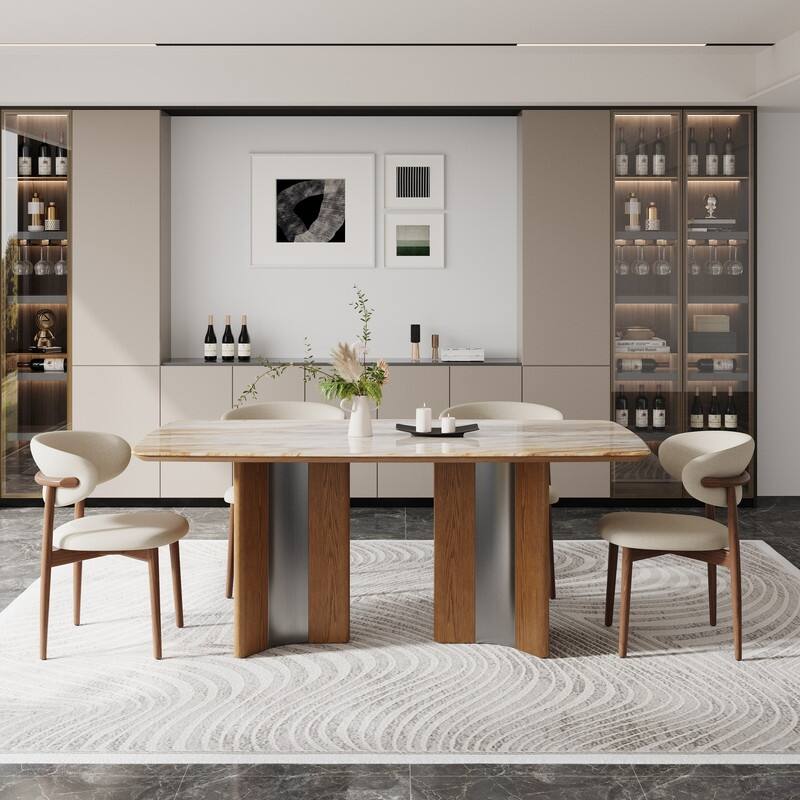 63" Modern Faux Marble Dining Table, Luxury Rectangular Kitchen Table with Wood & Metal Base, Seats 4-6