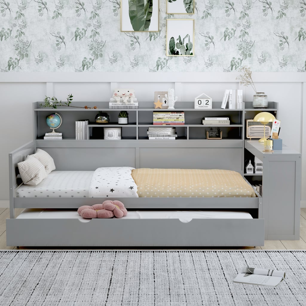Multi-functional Wooden Full Size Daybed with Twin Size Trundle Bed and Study Desk