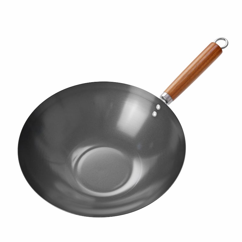 Commercial Chef 12 inch Carbon Steel Wok with Acacia Wood Handle, Non Stick Stir Fry Pan with Ceramic Coating