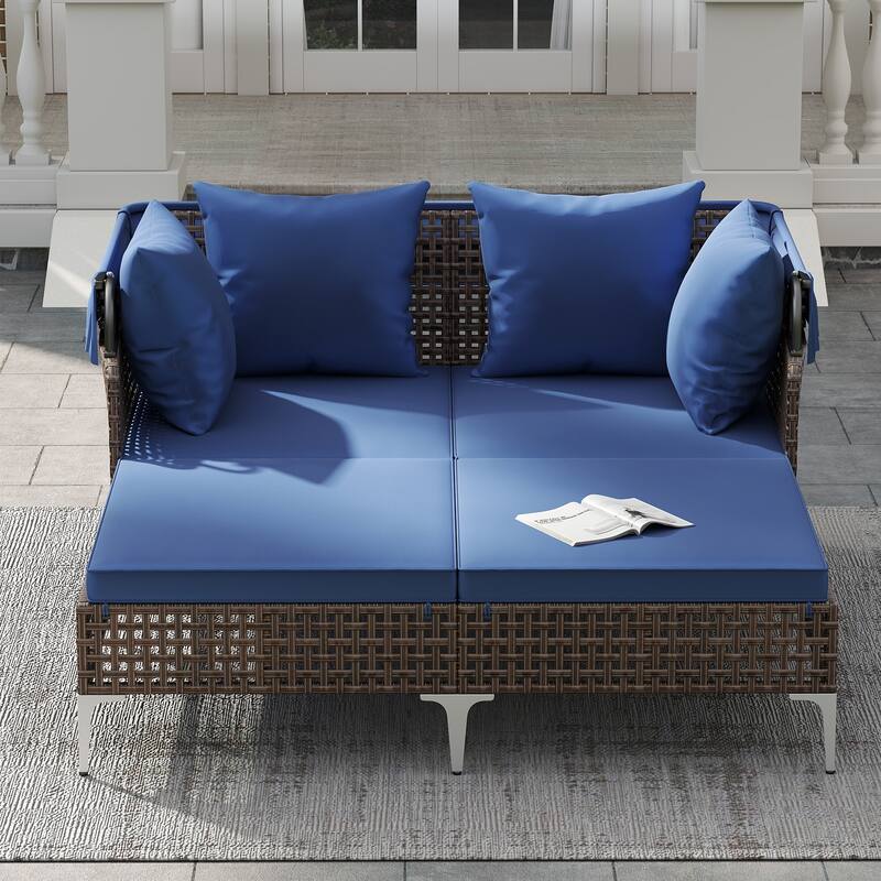 Gymax Outdoor Daybed w/ Retractable Canopy PE Wicker Rattan Patio