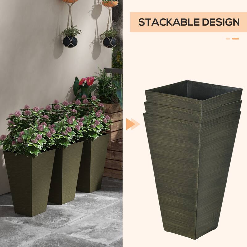 Wood Grain Stackable Outdoor Garden Planters with Self-Draining Holes
