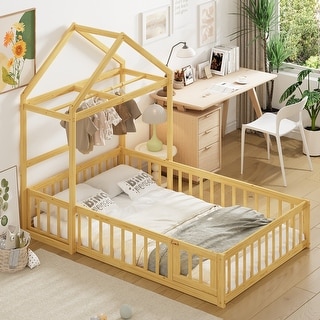 Wooden Floor Bed with Fence Railings and Detachable House Shape Headboard,Full Size Bed with Kids Dress Up Rack