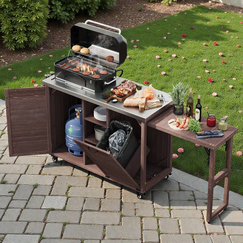 78.3" Outdoor Kitchen Island with Foldable Grill Table, Solid Wood BBQ Cart with Trash Storage & Stainless Steel Top