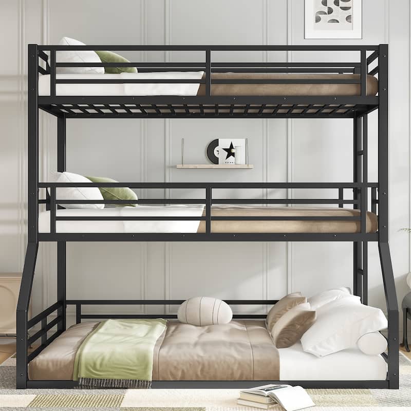 Queen over Queen over Queen Triple Bunk Bed - Metal Frame with Safety Guardrails & Noise Reduced Design