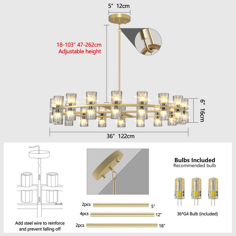 36-Inch Modern Gold Crystal Chandelier‌ - Elegant Round Ceiling Light Fixture with K9 Crystals (Includes 36xG4 Bulbs).