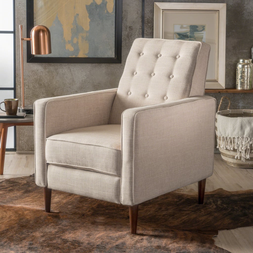 Beige Fabric Mid-Century Upholstered Push Back Recliner with Footrest, Button-tufted Backrest, Beech Wood Legs