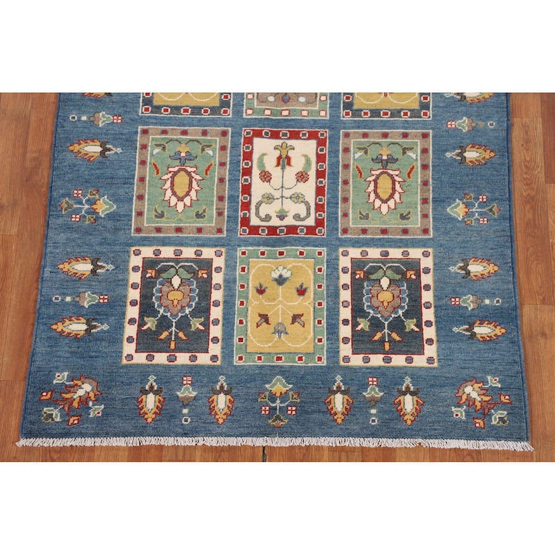 Blue Geometric Kazak Area Rug Hand-Knotted Wool Carpet - 4'2" x 5'11"