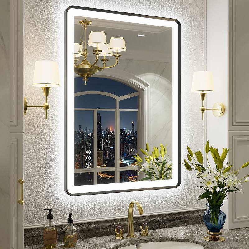 UL Certified Front & Back LED Anti-Fog Tempered Glass Framed Bathroom/Vanity Mirror 3-Year Warranty - 28" x 20"-Rounded Corner - Black