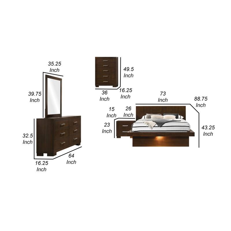 Bela 5 Piece Queen Bedroom Set, LED Underlight, Dark Brown Wood Finish