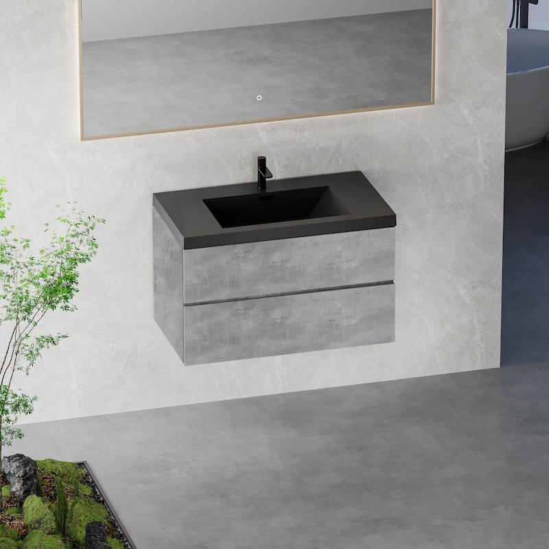 Grey Wall-Mounted Bath Vanity, Quartz Top,Sink and Soft Close Drawers - 36"
