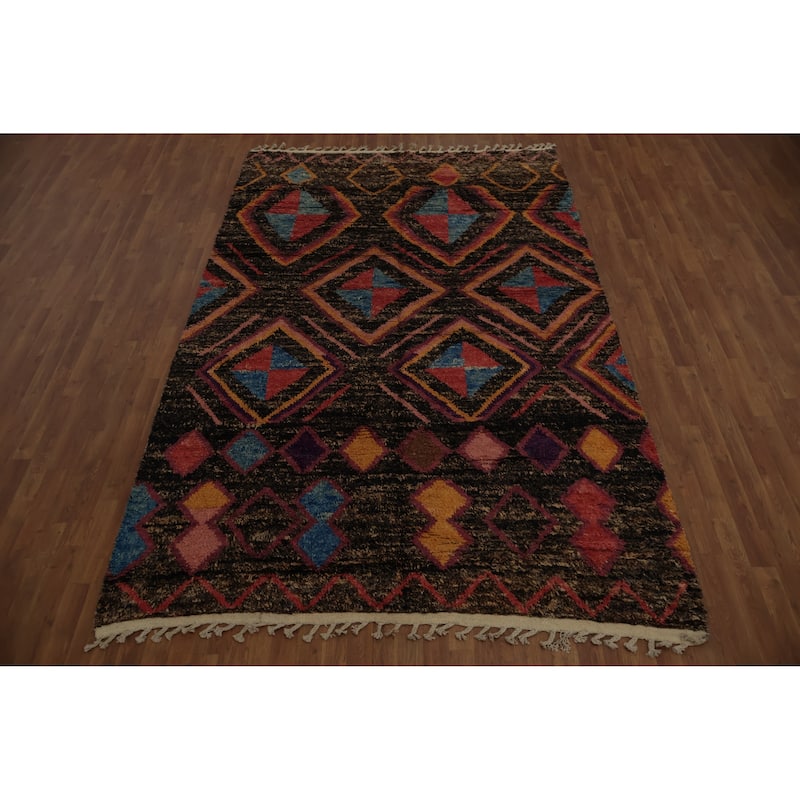 Hand Knotted Oriental 100% Wool Carpet Modern Tribal Brown Moroccan Area Rug - 10' 6'' X 6' 10''